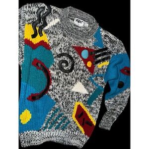 Vintage FAX Chunky 3D Knit Sweater Colorful Geometric‎ Grandpacore Small